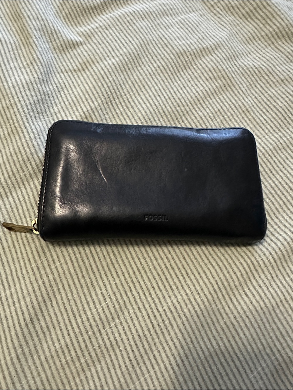 Fossil Black Leather Zip Wallet with Gold Zipper